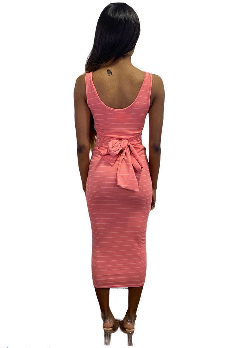 Miss California Stripe Print Sleeve Midi Dress With Waist Tie (Pink) C3942