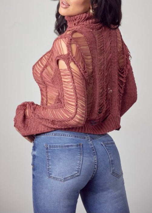 36point5 Teardown Effect Cropped Sweater Top (Marsala) SW1611