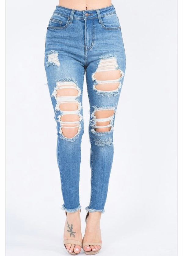 American Bazi High Waist Distressed Thigh Skinny Jeans (Blue) TJH-6090