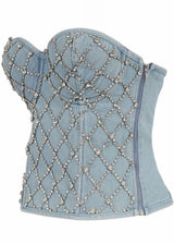SJK Fashion Jewel Patterned Corset Top (Blue Denim) T50413