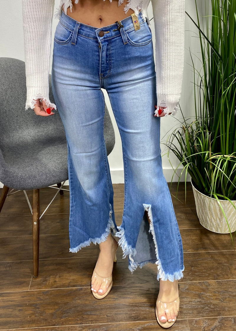 Vibrant Frayed Asymmetrical Flare Jeans (Medium Stone) P1393