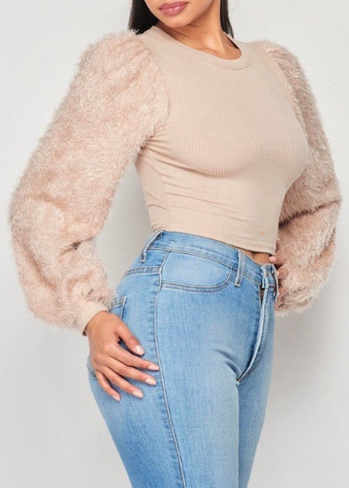 May Pink Ribbed Crop Top With Furry Sleeves (Beige) T5508