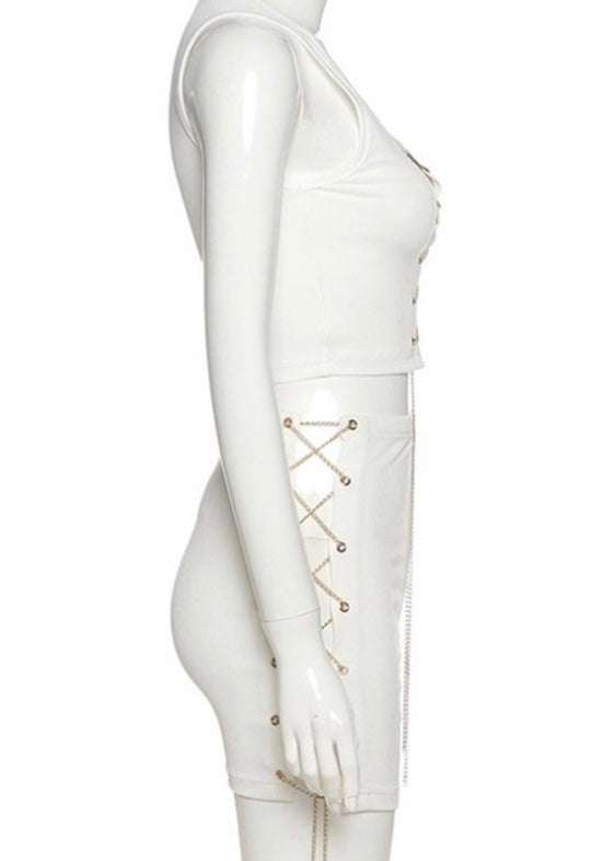 Jireh Chain Strap Umbilical Vest & Short Skirt Casual Set (White) LJ3174ST