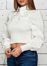 Jj's Fairyland Puffed Long Sleeve Flower Collared Crop Top (White) AT1604