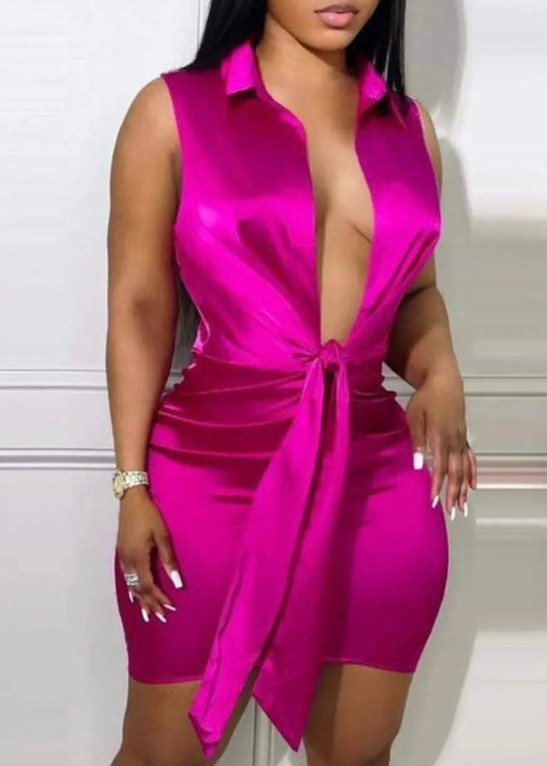Luv Fashion Sleeveless Plunging Neck Tied Detail Shirt Dress (Hot Pink) CF4832