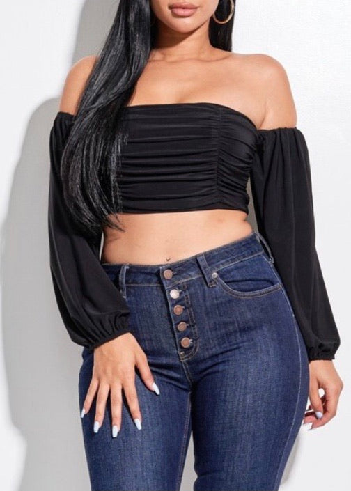 Miss California Solid Off The Shoulder Ruched Crop Top (Black) T2726