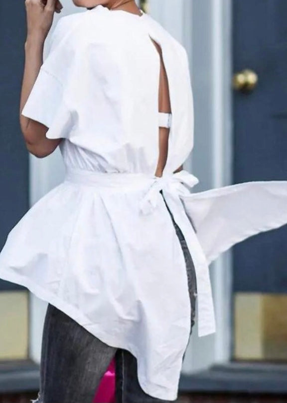 Fashion Noma Slit Backless Short Sleeve Dip Hem Top (White) AC4089
