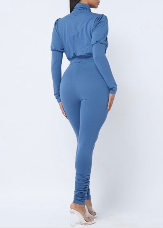 Capsulle Puff Sleeve Cropped Top and Skinny Pants Set (Blue) CC2054