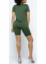 Daisy Solid V Neck Short Sleeve Top T Shirt & Biker Shorts Set (Olive)