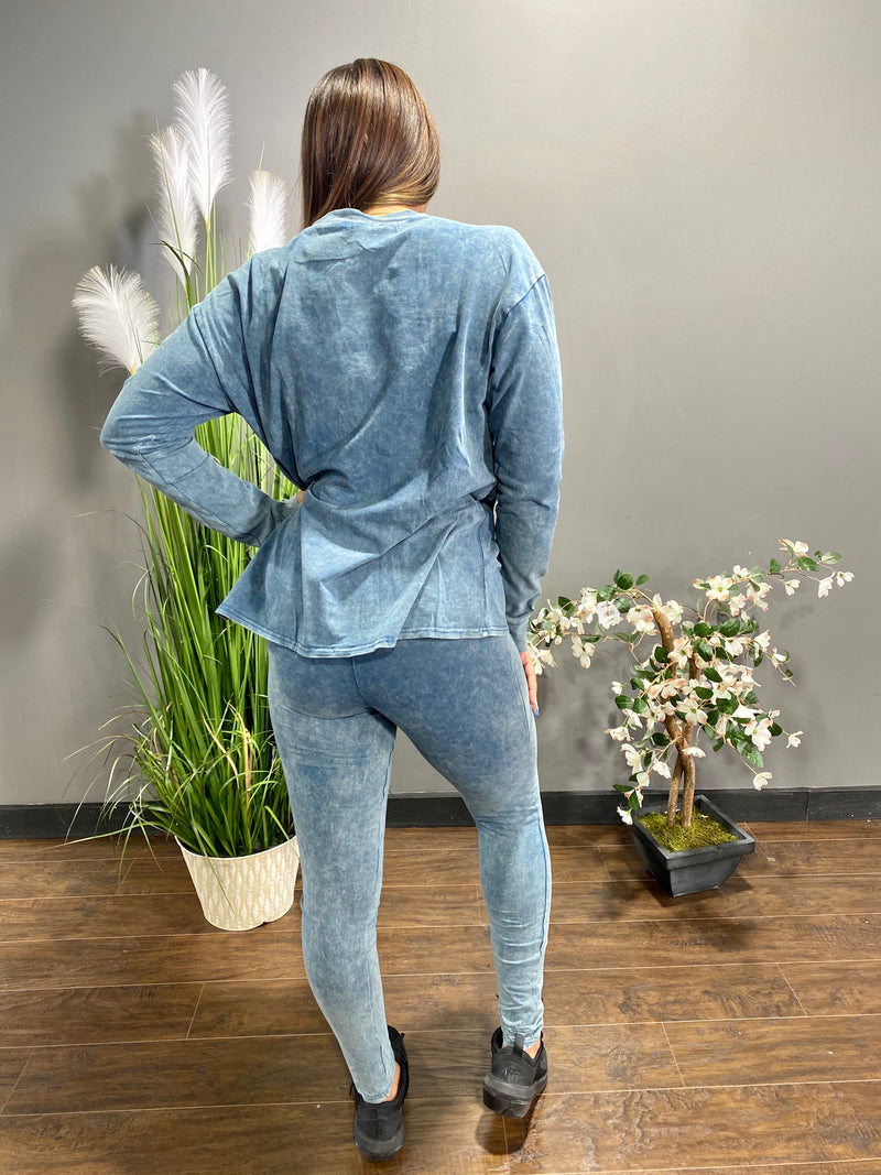 SJK Fashion Mineral Wash Long Sleeve Top And Leggings Set (Blue) ST43274