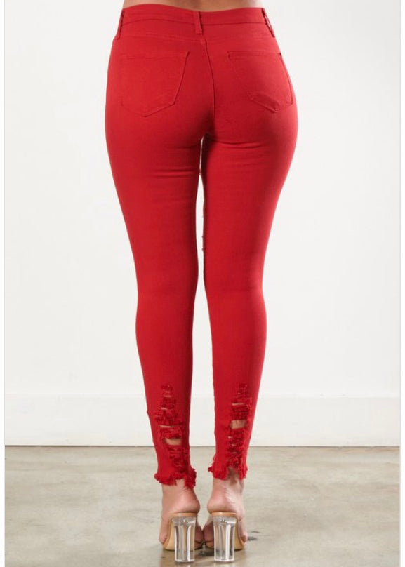 Vibrant Raw Edges Skinny Jeans (Red) P1213