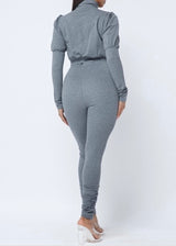 Capsulle Puff Sleeve Cropped Top and Skinny Pants Set (Charcoal) CC2054