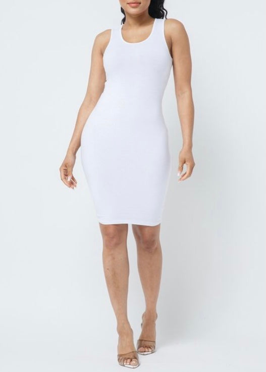Love J Solid Sleeveless Bodycon Midi Dress (White) DR12790
