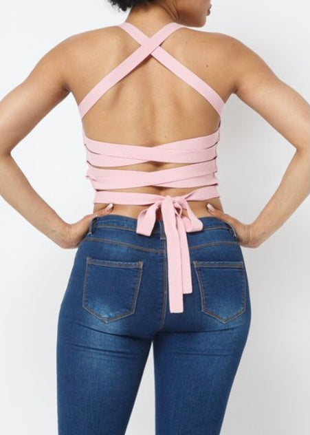 Hera Collection Cross Back Tie Crop Top (Blush) 22481
