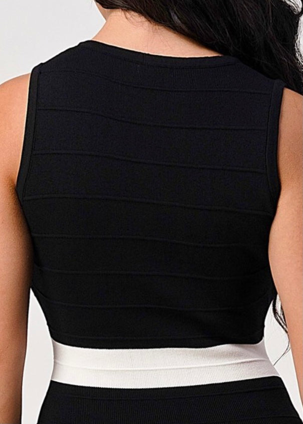 IM Model Knit Rib Low & High Mini Dress (Black/Ivory) D-9341