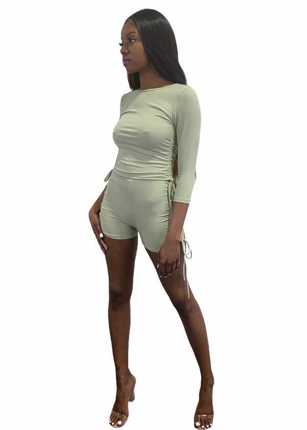 Miss California Rib Side Ruched Sleeve Top & Short Set (Sage) A9309