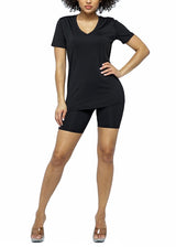 Daisy Solid V Neck Short Sleeve Top T Shirt & Biker Shorts Set (Black)