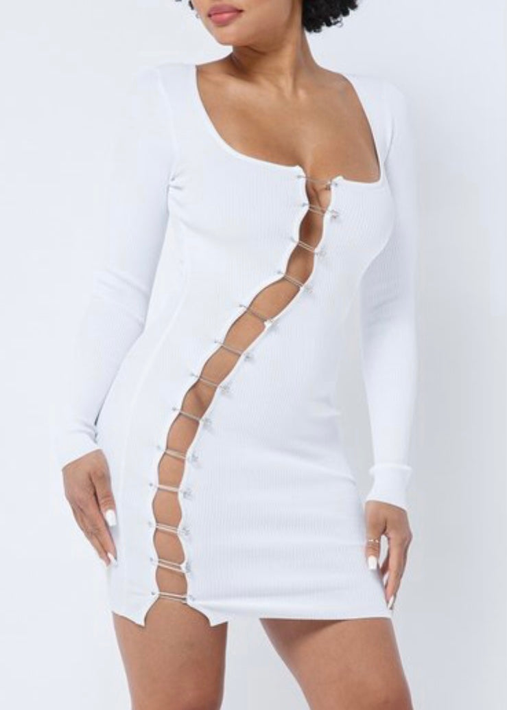 Hera Collection Long Sleeve Pin Down Mini Dress (White) 22604