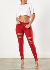 Vibrant Raw Edges Skinny Jeans (Red) P1213