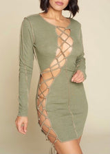 WinWin Lace Down Cutout Long Sleeve Mini Dress (Military Olive) WD12284
