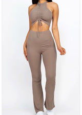 Capella Ruched Front Crop Top & Bootcut Pants Set (Taupe) BTP3160