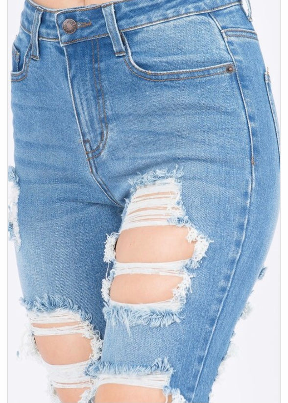 American Bazi High Waist Distressed Thigh Skinny Jeans (Blue) TJH-6090