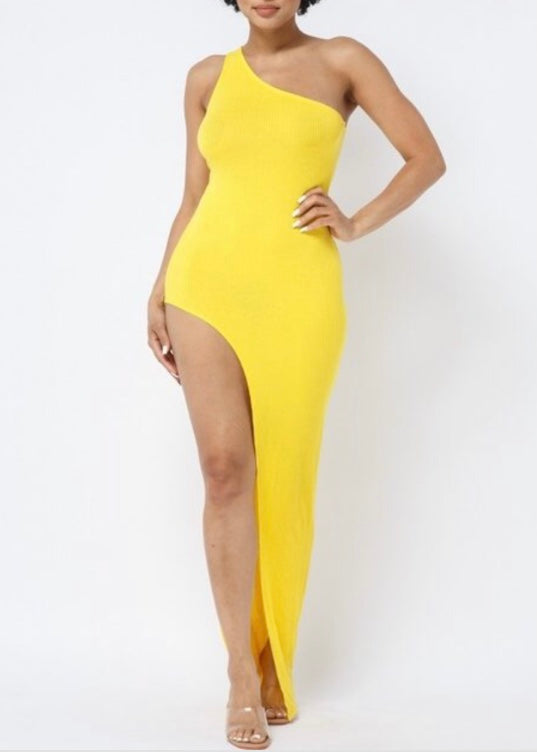 Belita Collection One Shoulder Deep Slit Dress (Yellow) SBD1721