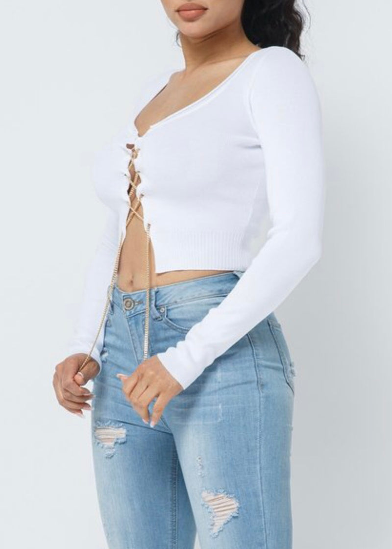 Hera Collection Long Sleeve Chain Up Top (White) 22519