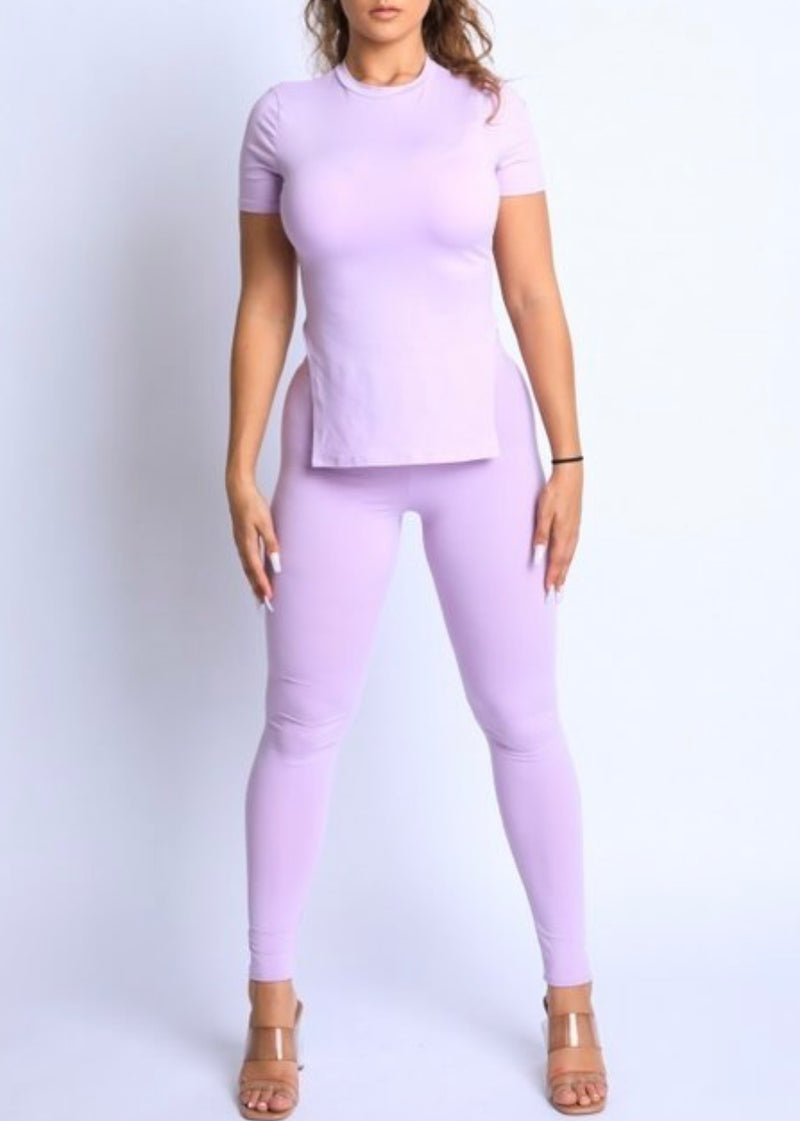 KTOO Slit Detailed Short Sleeve Shirt & Legging Set (Lavender) HAP2093