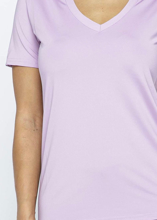 Daisy Solid V Neck Short Sleeve Top T Shirt & Biker Shorts Set (Lavender)