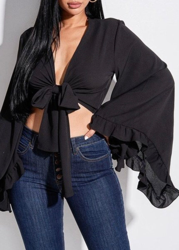 Miss California Bubble Crepe Tie Front Ruffled Long Sleeve Top (Black) T2707
