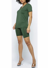 Daisy Solid V Neck Short Sleeve Top T Shirt & Biker Shorts Set (Olive)