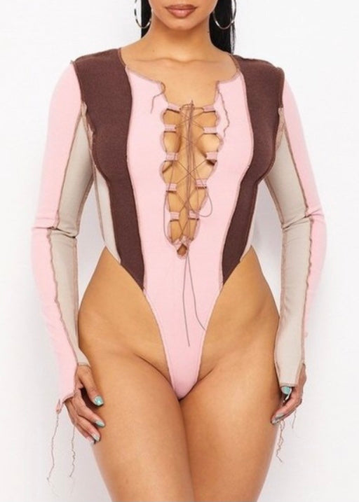 Hot & Delicious Colorblock Patchwork Bodysuit (Pink/Brown) HDB28111