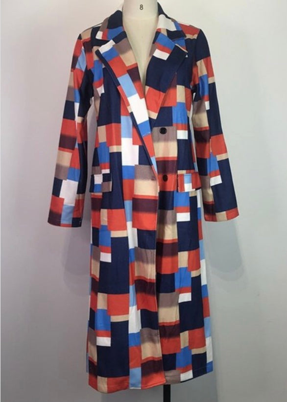 Maejoy Plaid Print Winter Tweed Long Blazer Coat (Red) OW008