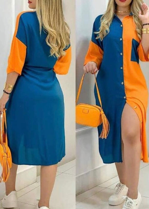 Mundefeis Tropical Print Button Design Shirt Dress (Blue) HK4970