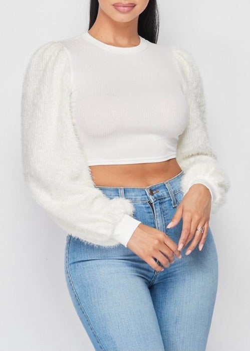 May Pink Ribbed Crop Top With Furry Sleeves (White) T5508