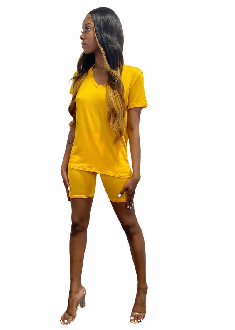 Daisy Solid V Neck Short Sleeve Top T Shirt & Biker Shorts Set (Mango)