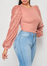 May Pink Ribbed Crop Top With Furry Sleeves (Mauve) T5508