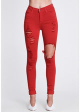 Vibrant Freebird Destroyed Skinny Jeans (Red) P803