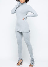 Belita Rib Mock Neck Thumb Slit Top & Shirred Slit Pant Set (Grey) SET908