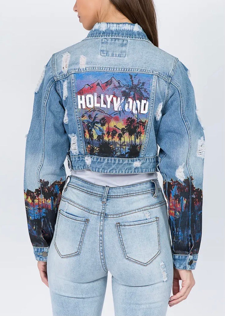 American Bazi Hollywood Print Cropped Denim Jacket (Blue) RJK-3734