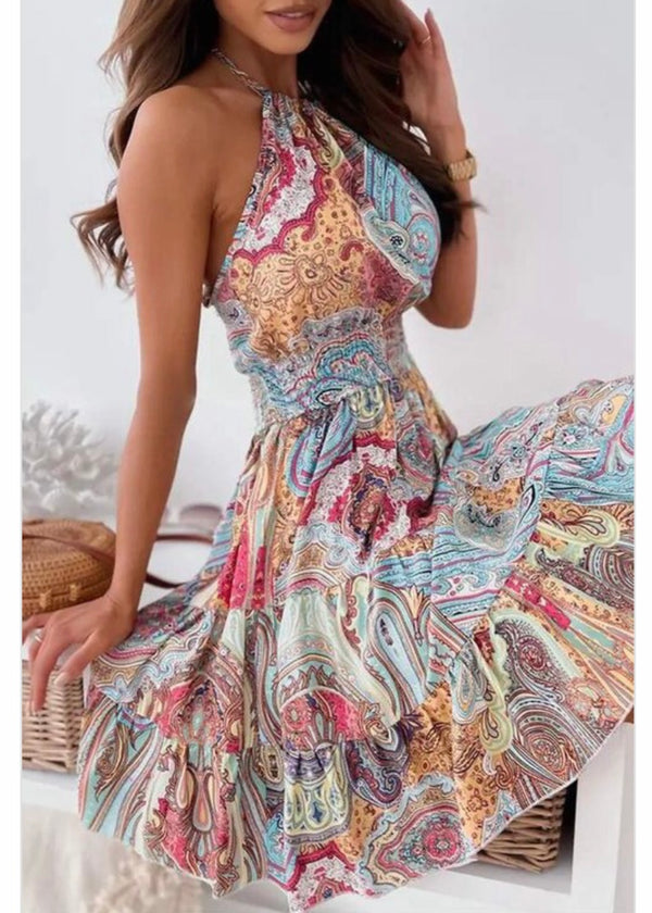 Fashion Noma Baroque Print Halter Backless Vintage Dress (Multi) KH5306