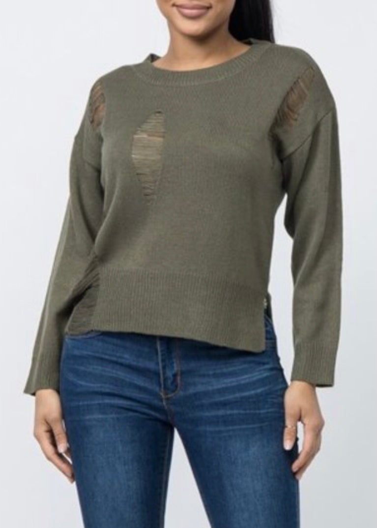 Love J Long Sleeve Crew Neck Distressed Sweater (Olive) ST3001