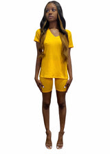 Daisy Solid V Neck Short Sleeve Top T Shirt & Biker Shorts Set (Mango)