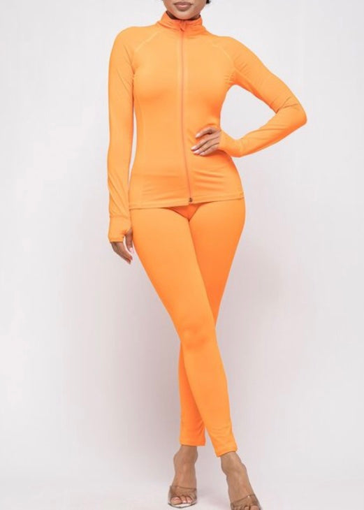 Boswell Fashion Long Sleeve Zipper Top & Leggings Set (Neon Orange) TT2999T