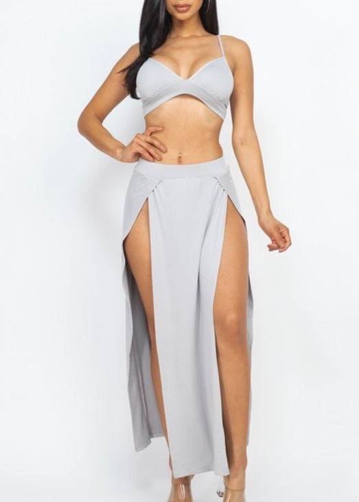 Capella Bra Top & Side Slit Maxi Skirt Dress Set (Grey) BTS3169