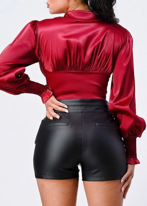 Privy Satin Ring Zip Up Collared Cropped Blouse (Ruby) PT41212Z-W
