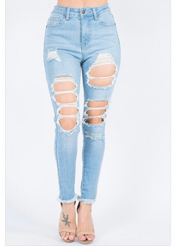American Bazi High Waist Distressed Thigh Skinny Jeans (Light Blue) TJH-6090