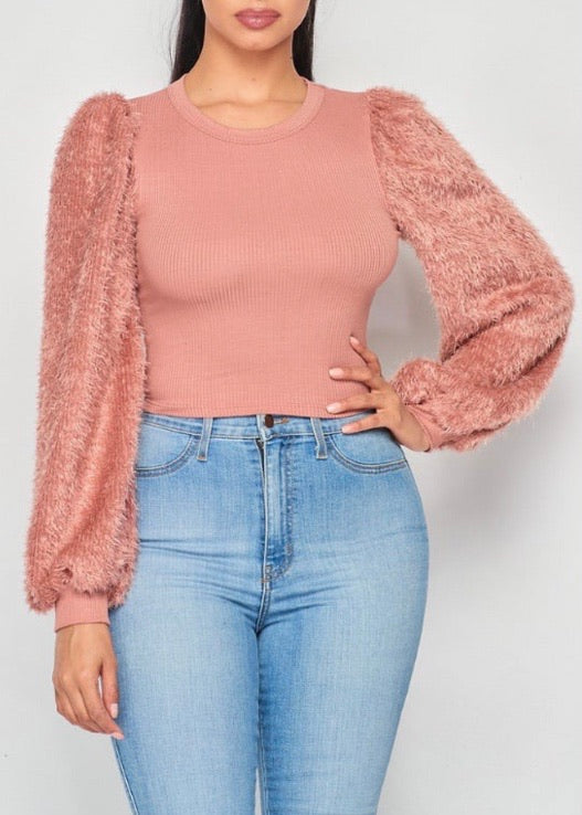 May Pink Ribbed Crop Top With Furry Sleeves (Mauve) T5508
