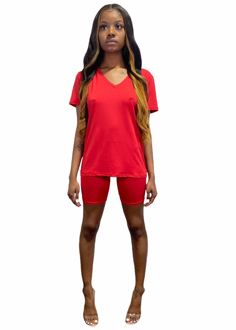 Daisy Solid V Neck Short Sleeve Top T Shirt & Biker Shorts Set (Red)